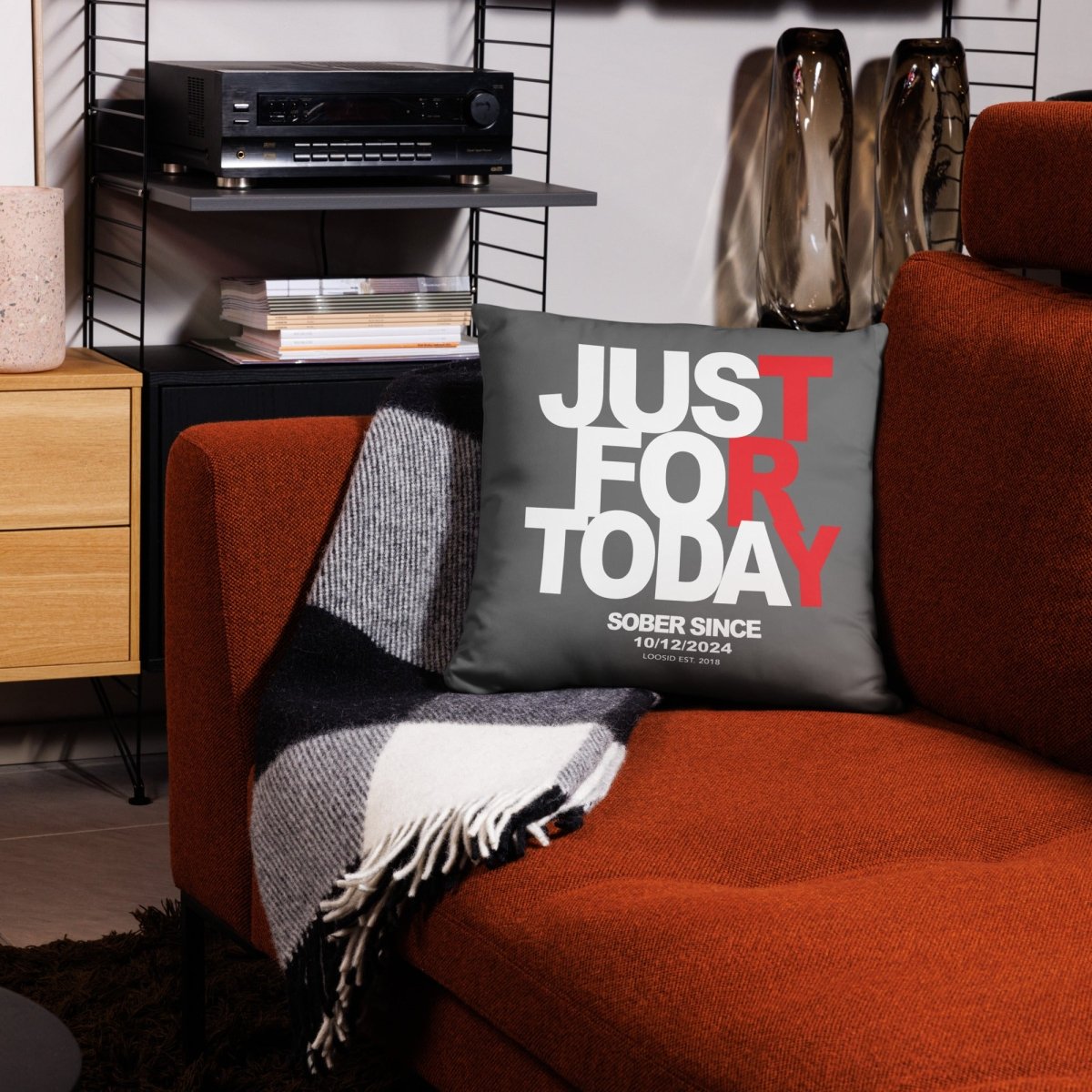 Just For Today Sober Pillow flat lay styled image (view 3)