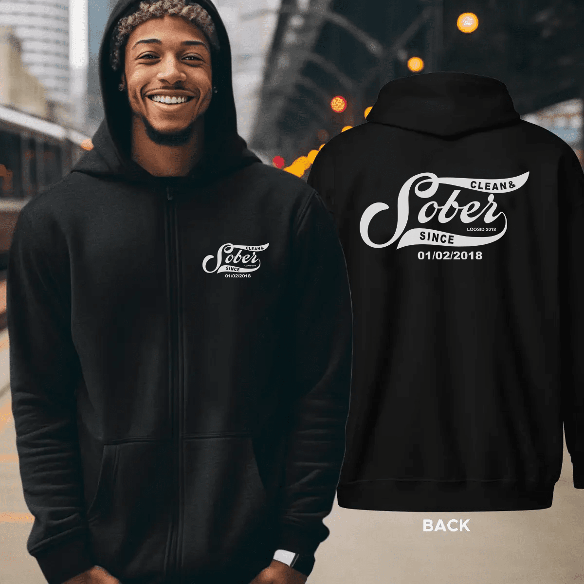Sober Since Recovery Hoodie close-up view (view 2)