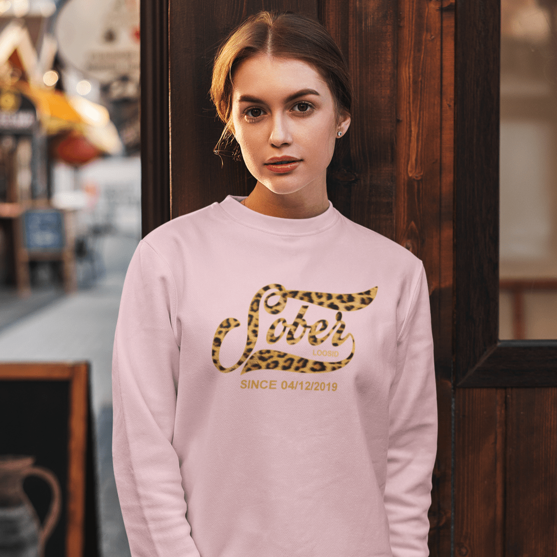 Leopard Sober Since Sweatshirt w/ Personalized Sobriety Date