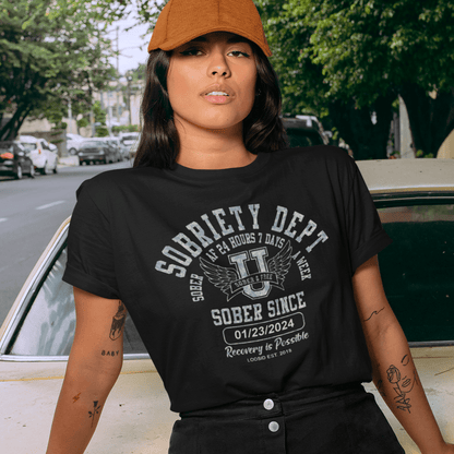Sobriety Dept T-shirt– Sober AF 24/7 with Custom Sobriety Date