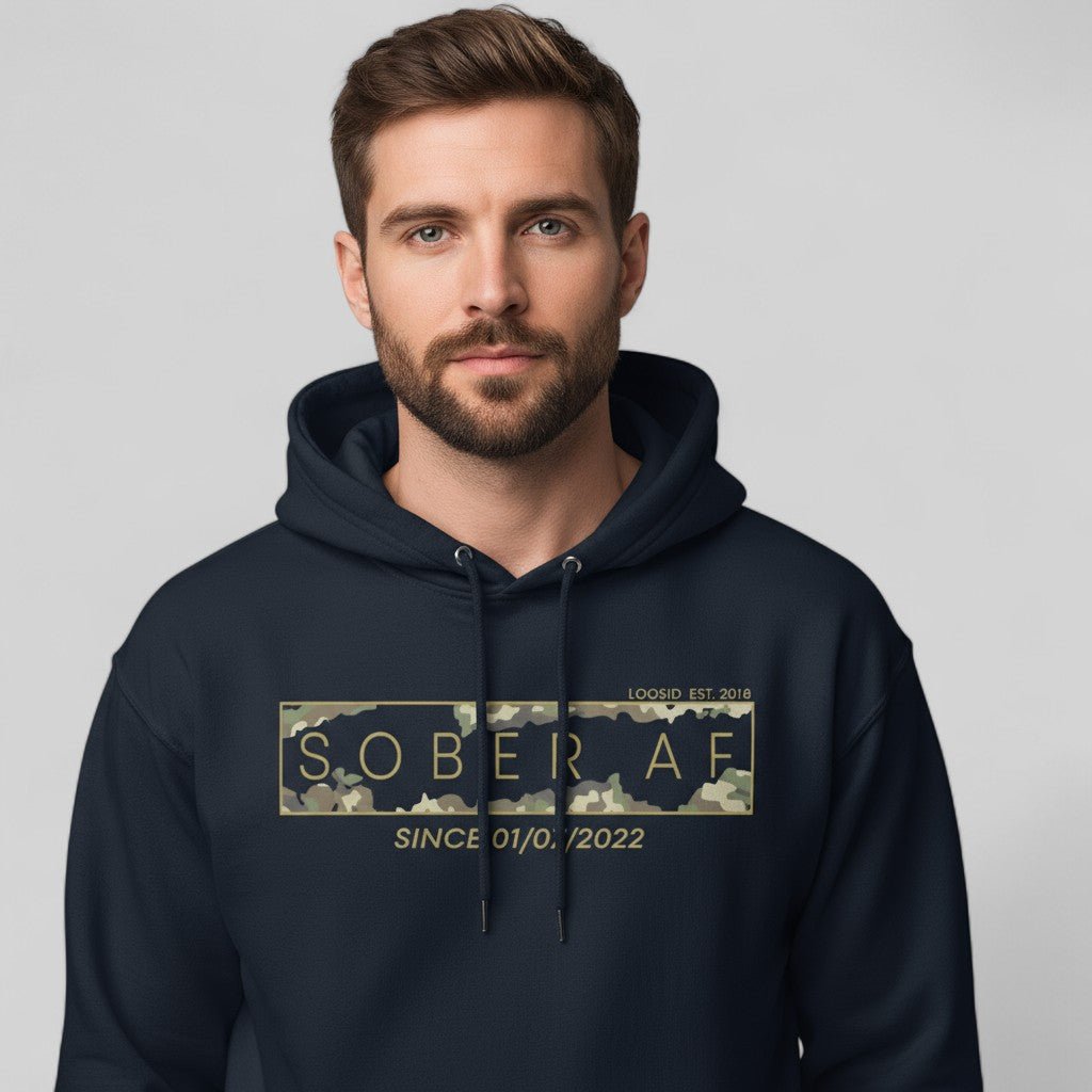 Recovery Hoodie | Men's Sober AF Camo Hoodie with Custom Sober Date