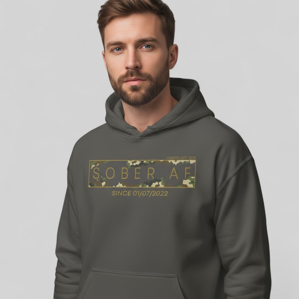 Recovery Hoodie | Men's Sober AF Camo Hoodie with Custom Sober Date
