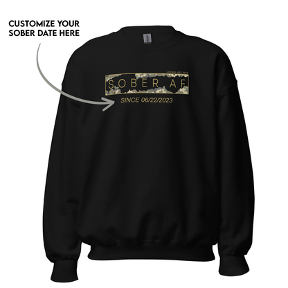Sober AF Camo Crewneck Sweatshirt w/ Personalized Sobriety Date