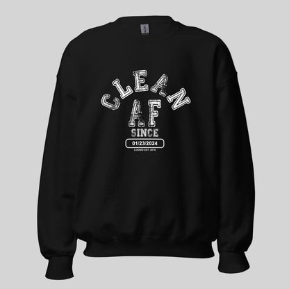 Loosid black personalized Recovery crewneck with Clean AF Since sober merchandise collegiate graphic — Loosid
