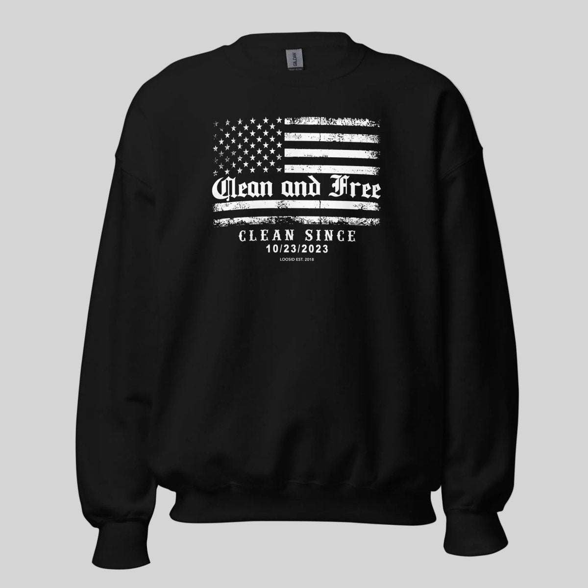 Black Clean and Free sweatshirt on model, full front view -- Loosid sober clothing