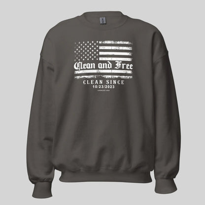 Charcoal gray Clean and Free sober apparel sweatshirt, front view on model
