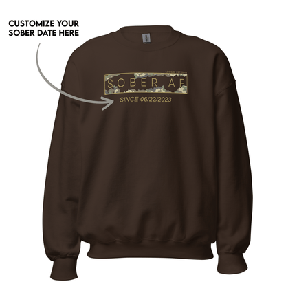 Sober AF Camo Crewneck Sweatshirt w/ Personalized Sobriety Date