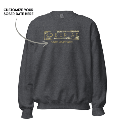 Sober AF Camo Crewneck Sweatshirt w/ Personalized Sobriety Date