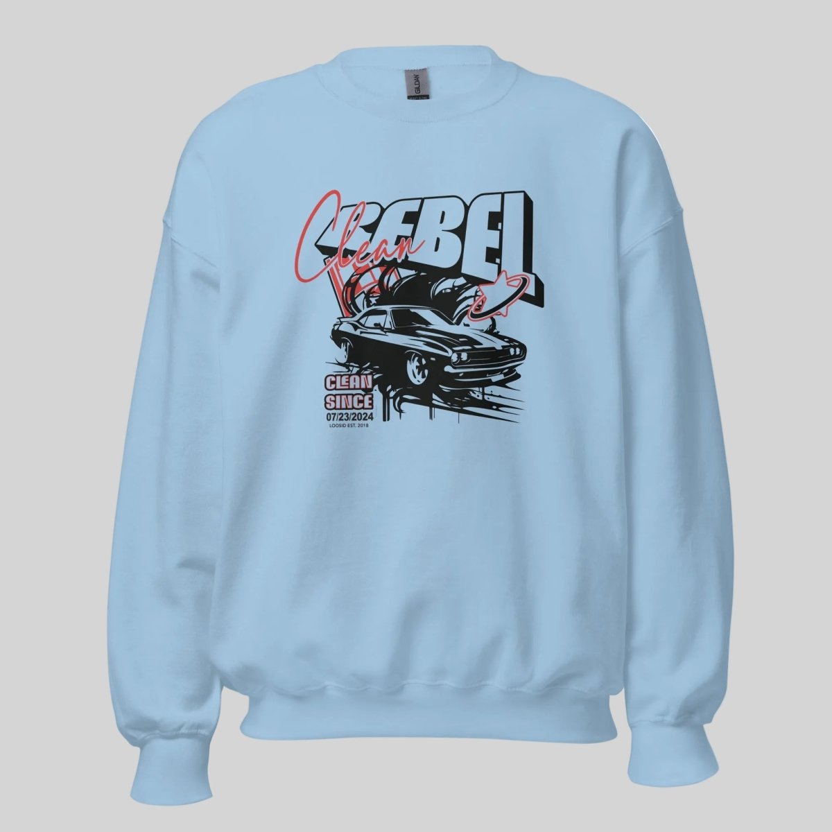 Women's light blue Loosid Recovery sweater with Clean Rebel personalized sober apparel vintage design — Loosid