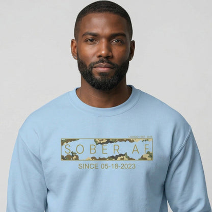 Sober AF Camo Crewneck Sweatshirt w/ Personalized Sobriety Date