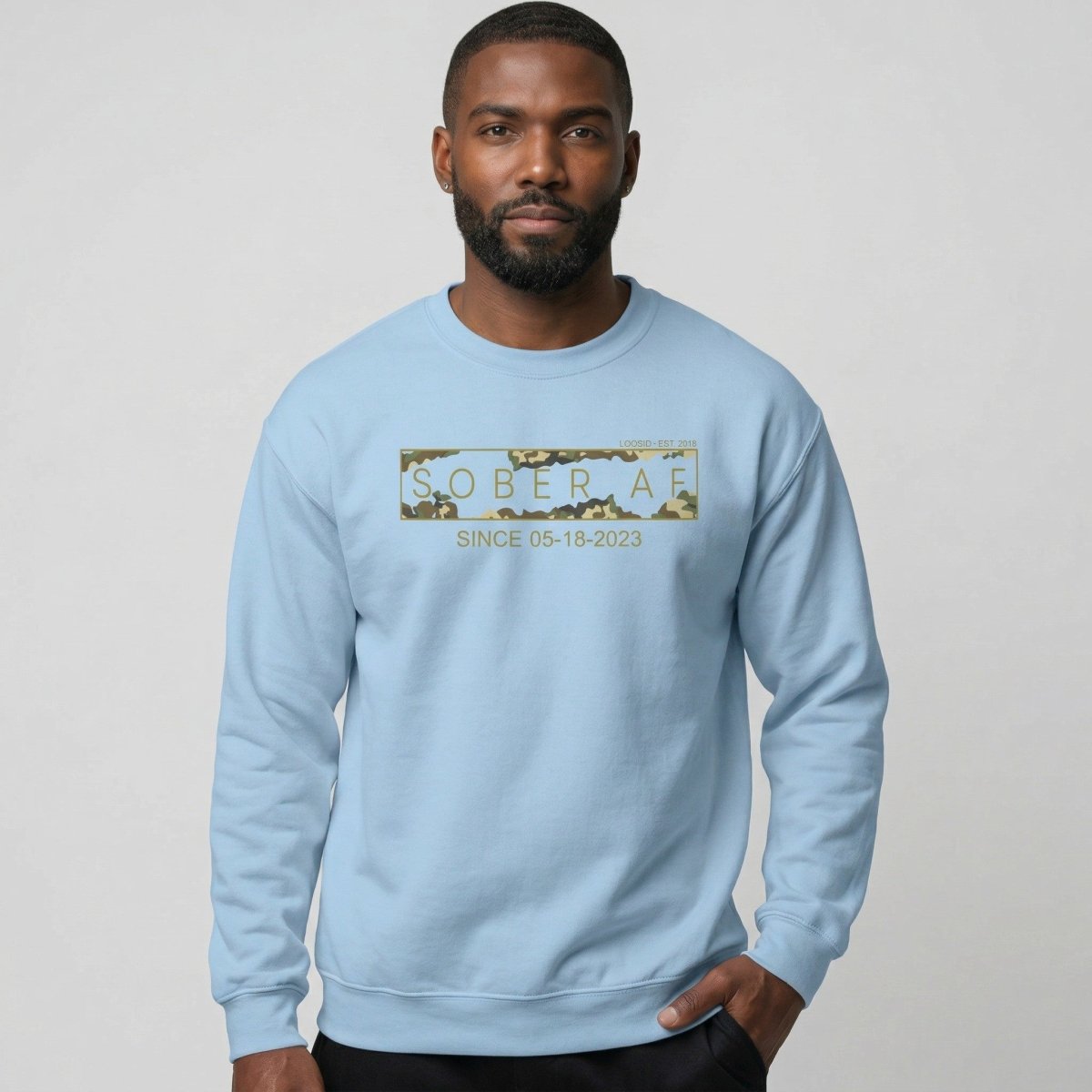 Sober AF Camo Crewneck Sweatshirt w/ Personalized Sobriety Date