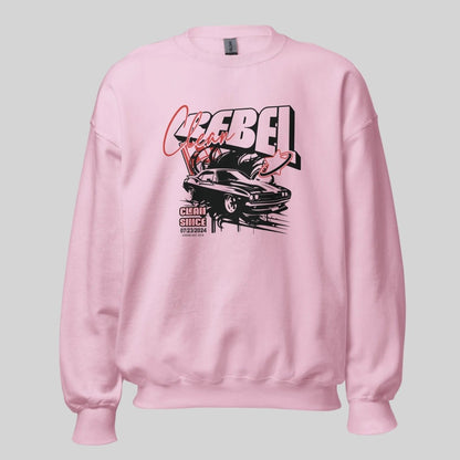 Women's pink Loosid Recovery sweater with Clean Rebel personalized sober clothing muscle car graphic — Loosid