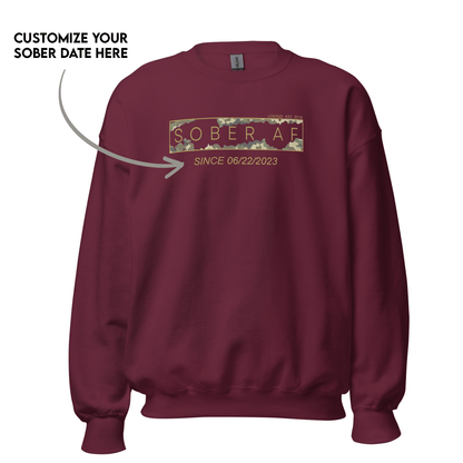 Sober AF Camo Crewneck Sweatshirt w/ Personalized Sobriety Date