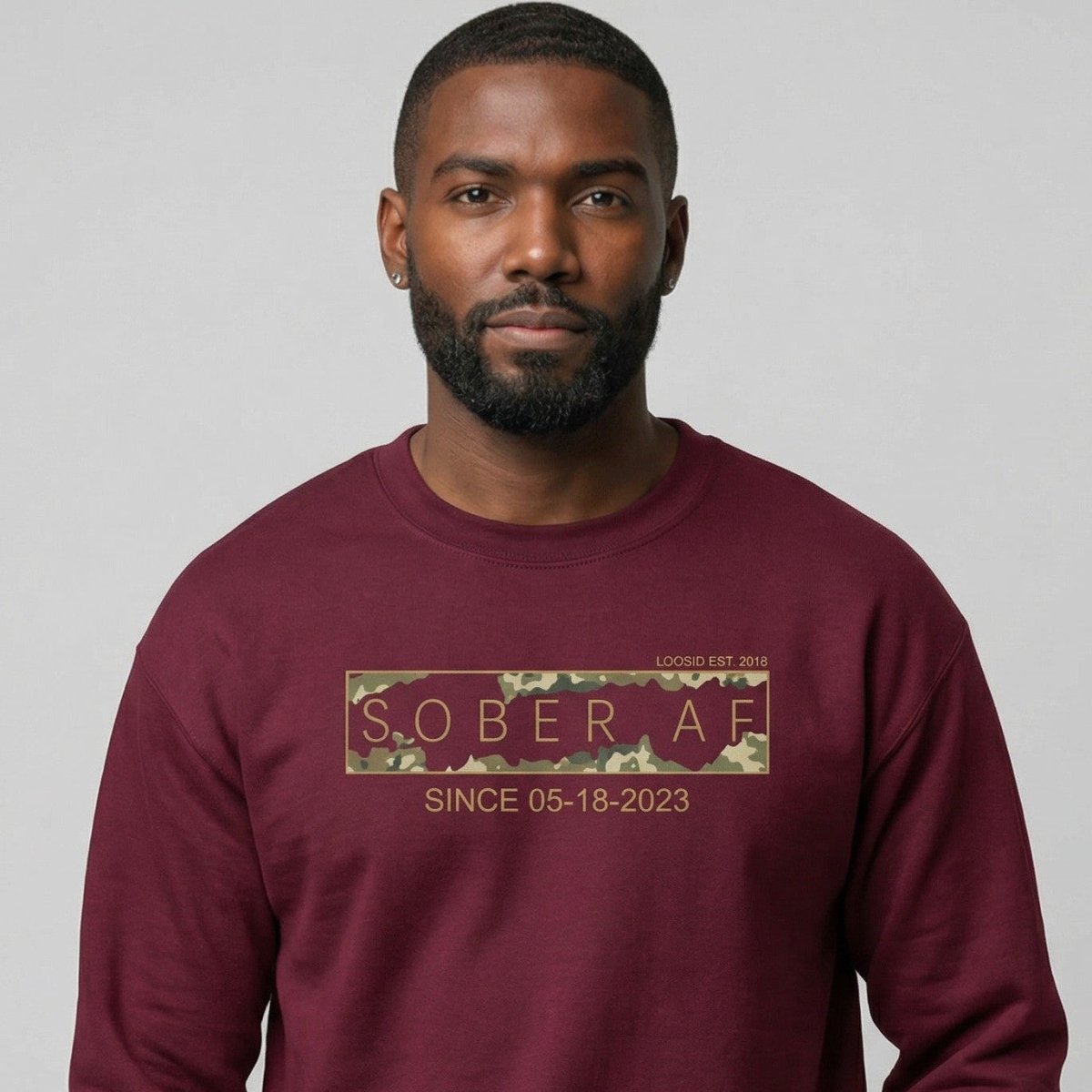 Sober AF Camo Crewneck Sweatshirt w/ Personalized Sobriety Date
