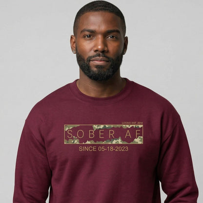 Sober AF Camo Crewneck Sweatshirt w/ Personalized Sobriety Date