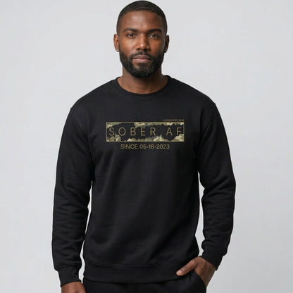 Sober AF Camo Crewneck Sweatshirt w/ Personalized Sobriety Date