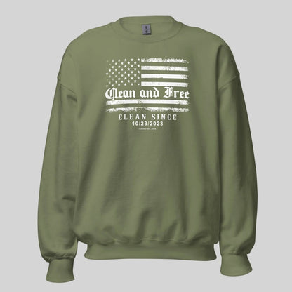 Military green sobriety sweatshirt front view -- Loosid Clean and Free sober clothing