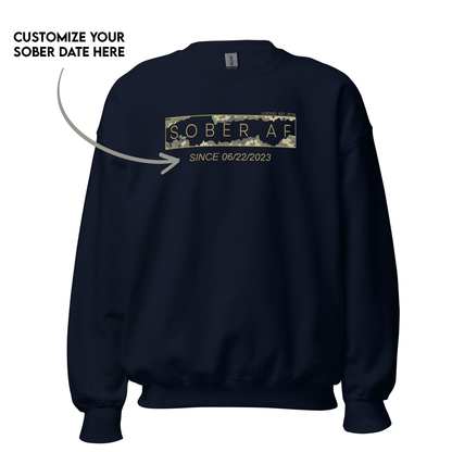 Sober AF Camo Crewneck Sweatshirt w/ Personalized Sobriety Date