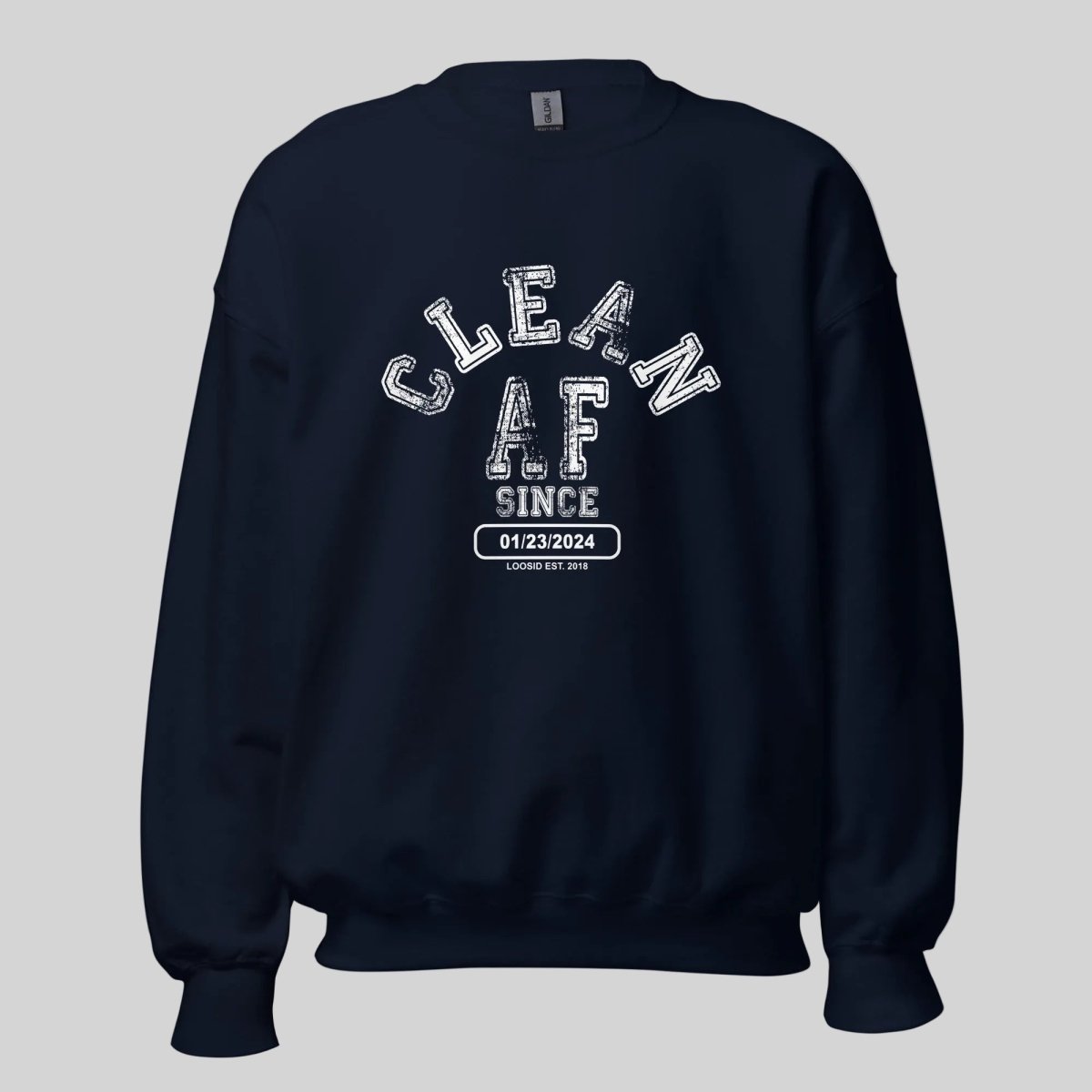 Loosid navy blue Men's Clean AF Since sobriety sweatshirt with personalized Clean Since Recovery date — Loosid