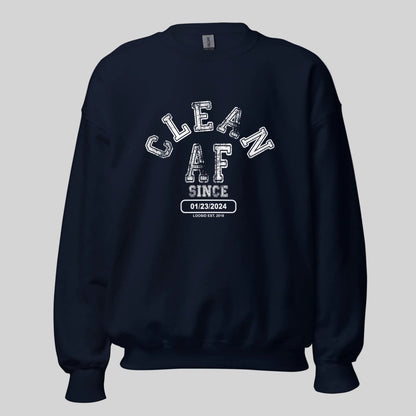 Loosid navy blue Men's Clean AF Since sobriety sweatshirt with personalized Clean Since Recovery date — Loosid
