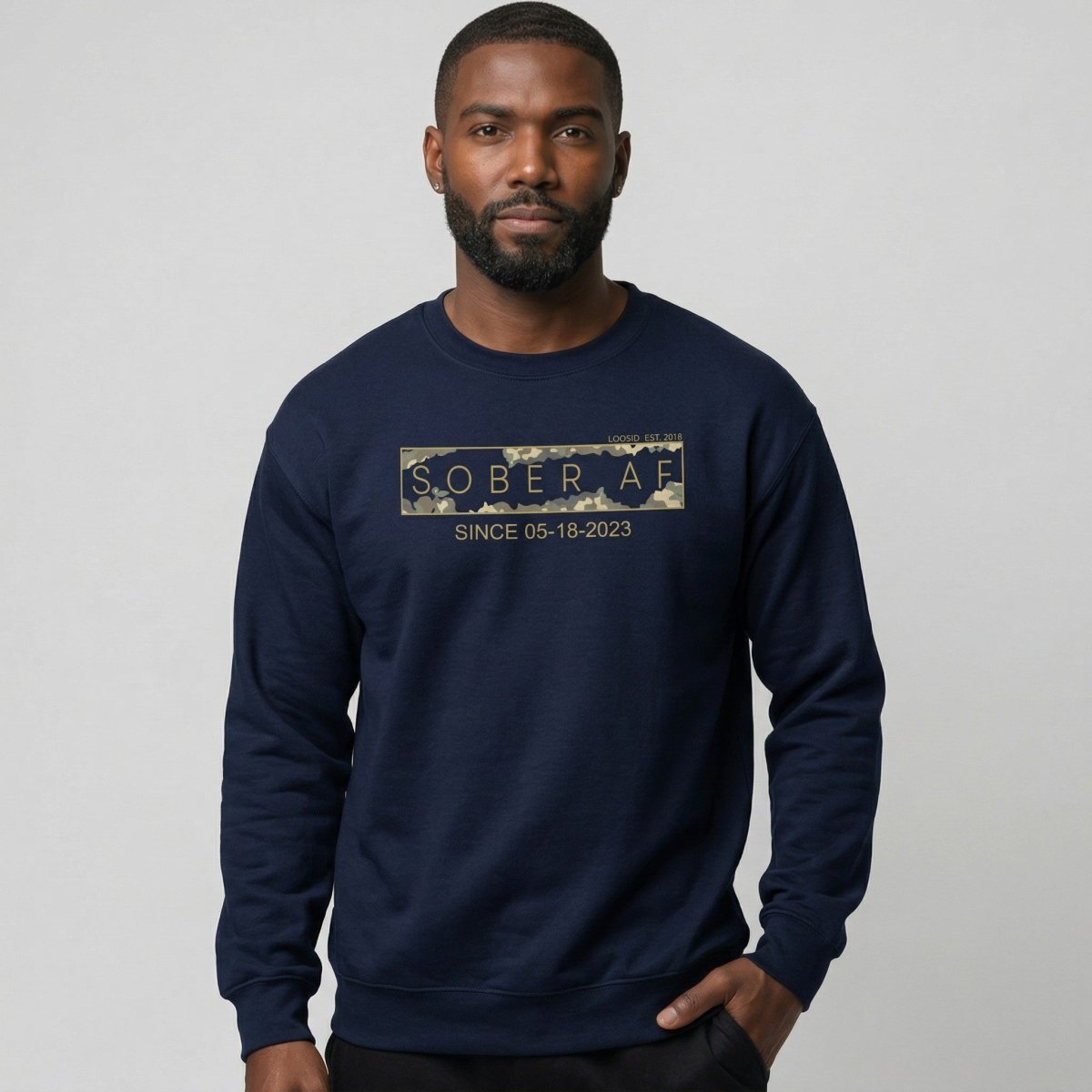 Sober AF Camo Crewneck Sweatshirt w/ Personalized Sobriety Date