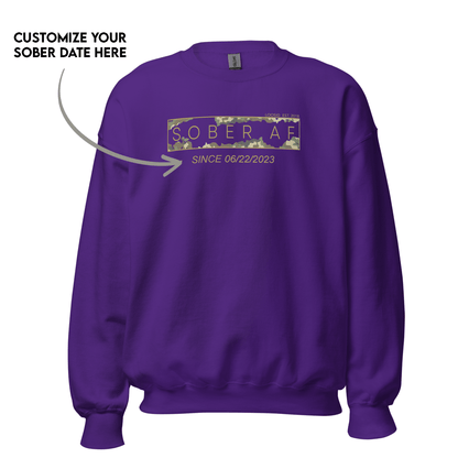 Sober AF Camo Crewneck Sweatshirt w/ Personalized Sobriety Date
