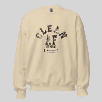 Flat lay of Loosid gray Clean AF Since sober apparel sweatshirt showing personalized Recovery date placement — Loosid
