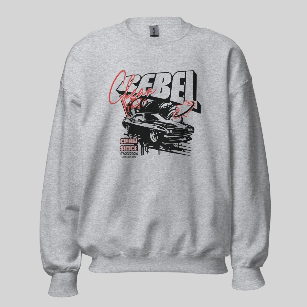 Women's heather gray Loosid Clean Rebel sobriety sweatshirt with personalized Clean Since Recovery date — Loosid