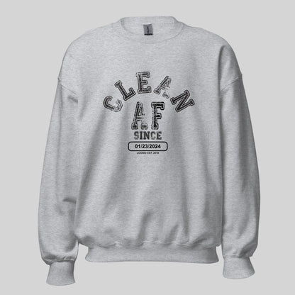 Men's light blue Loosid Recovery sweater with Clean AF Since personalized sobriety apparel design — Loosid