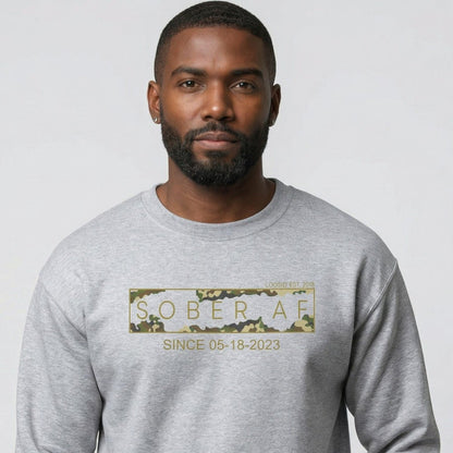 Sober AF Camo Crewneck Sweatshirt w/ Personalized Sobriety Date