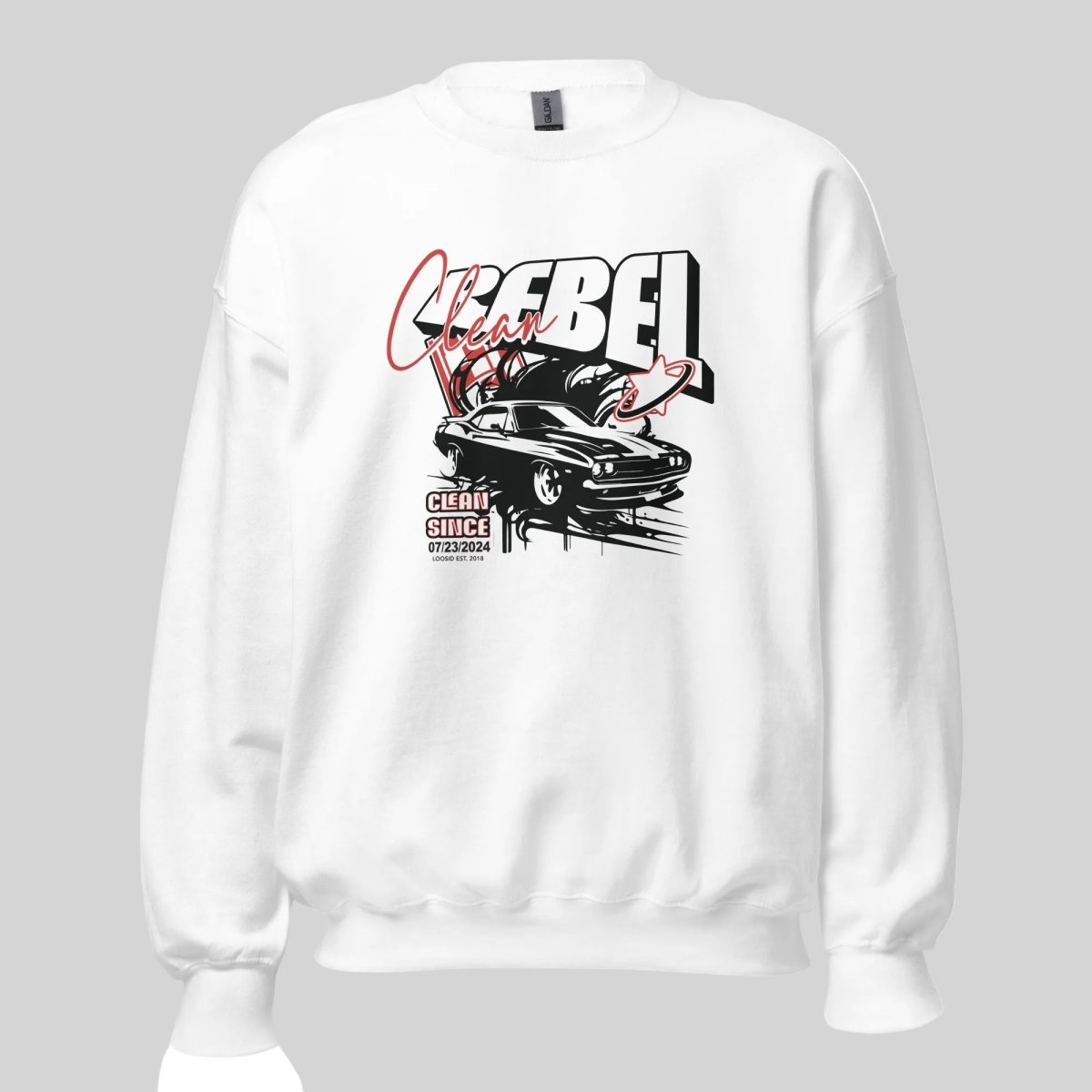 Flat lay of Loosid olive green Clean Rebel personalized Recovery sweater with vintage sober apparel graphic — Loosid