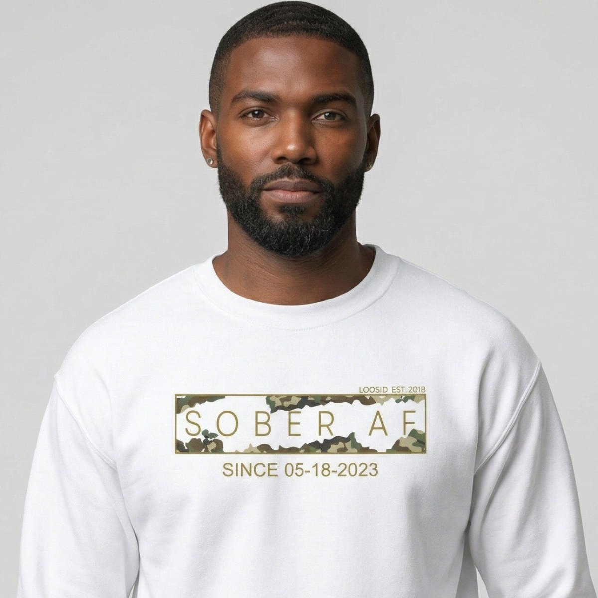 Sober AF Camo Crewneck Sweatshirt w/ Personalized Sobriety Date