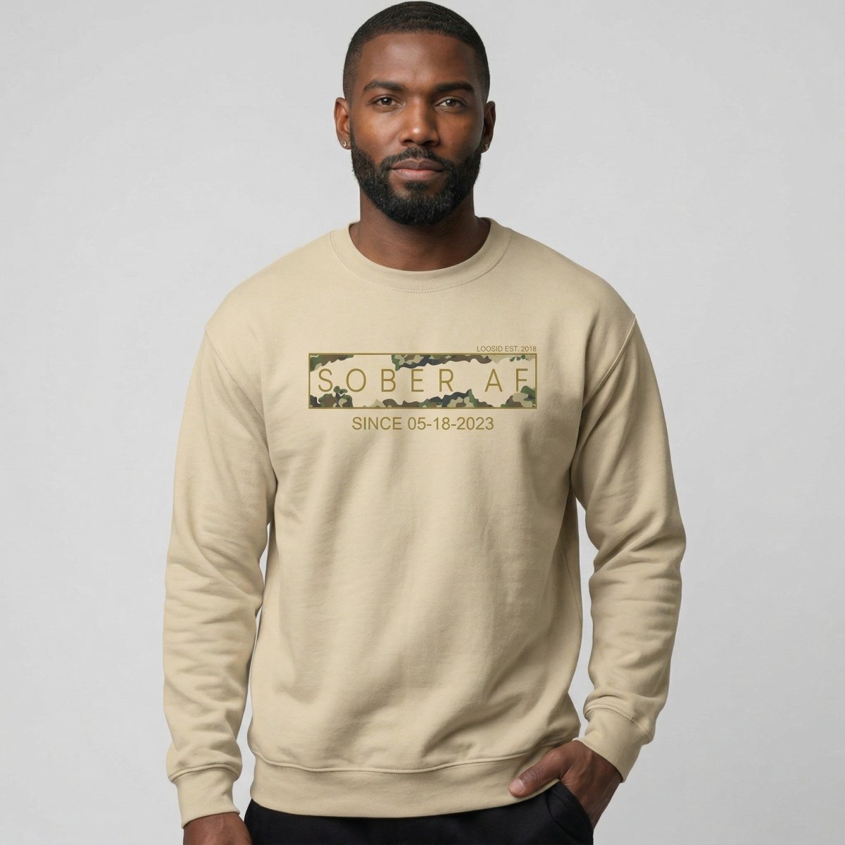 Sober AF Camo Crewneck Sweatshirt w/ Personalized Sobriety Date