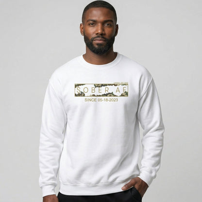 Sober AF Camo Crewneck Sweatshirt w/ Personalized Sobriety Date