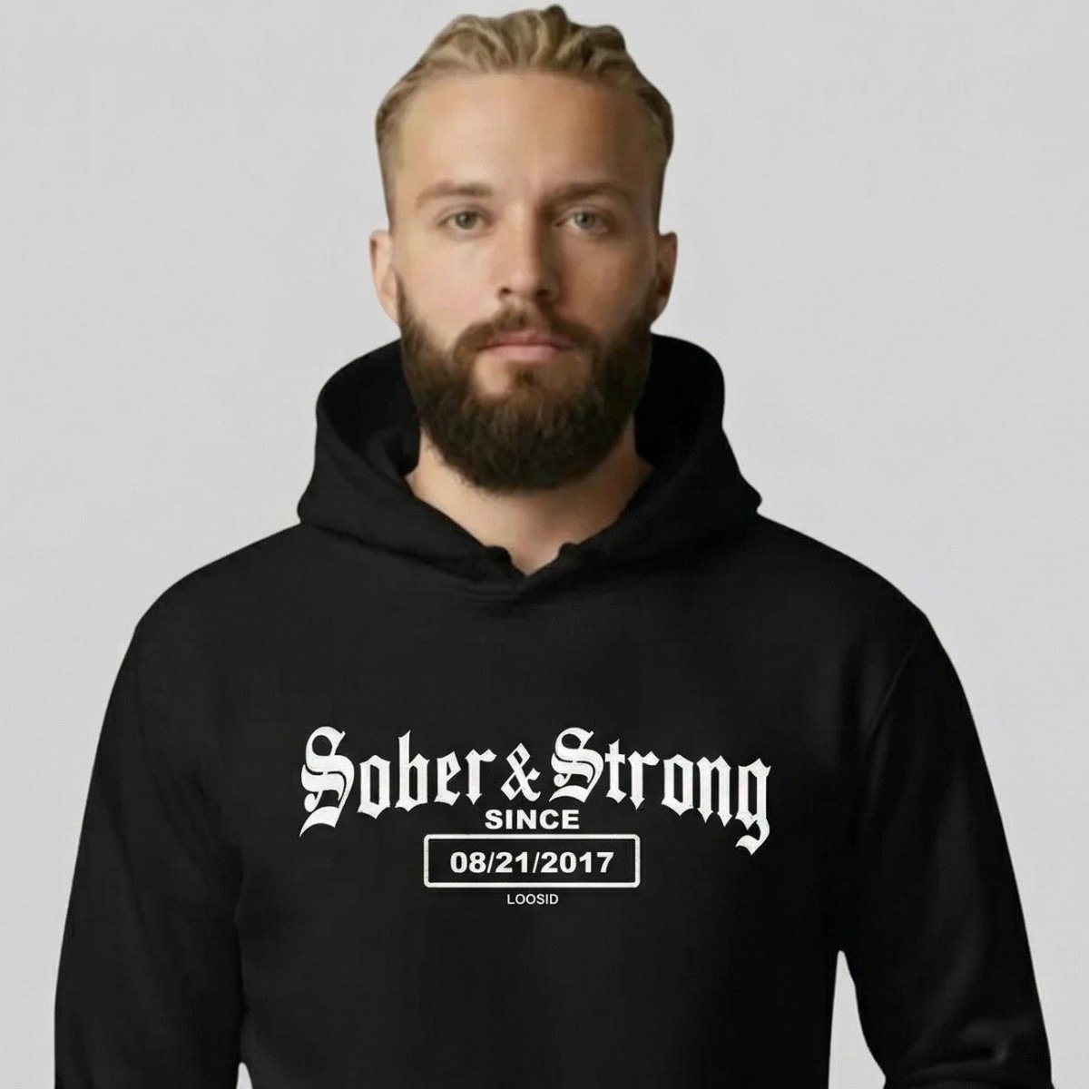 Sober & Strong Old School Recovery Hoodie close-up view (view 2)