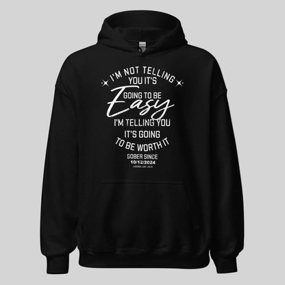 I'm Not Telling Custom Sobriety Date Recovery Hoodie close-up view (view 2)