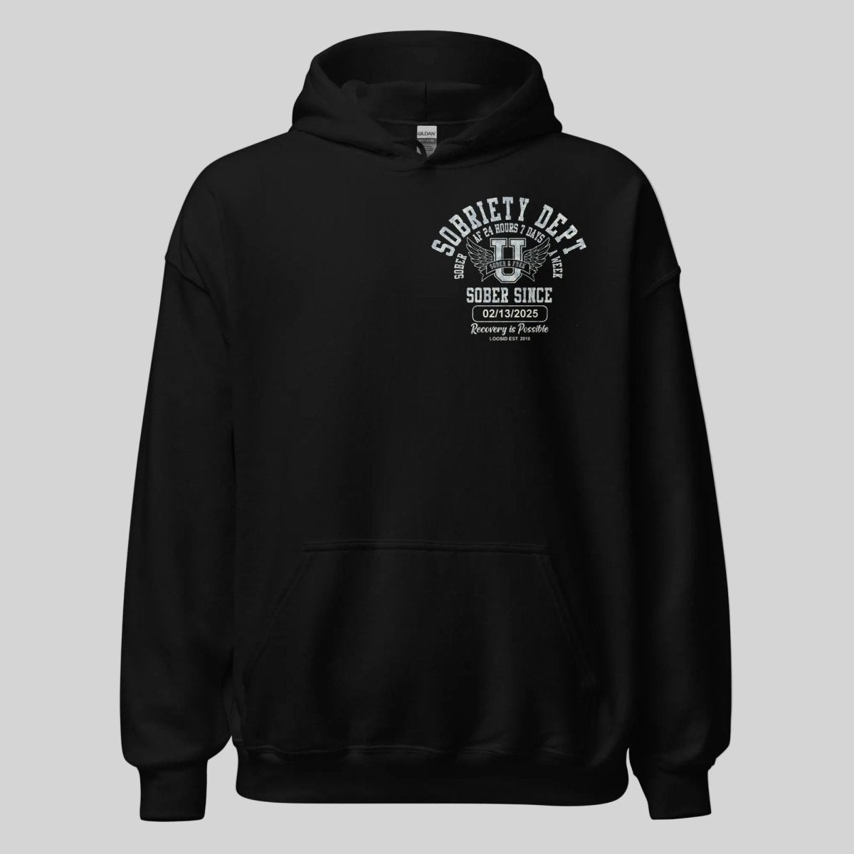 Sobriety Dept Recovery Hoodie flat lay styled image (view 3)