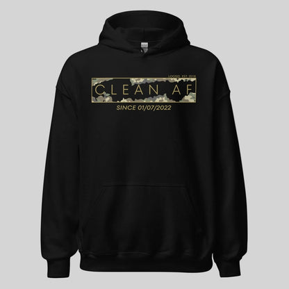 Clean AF Camo Recovery Hoodie flat lay styled image (view 3)