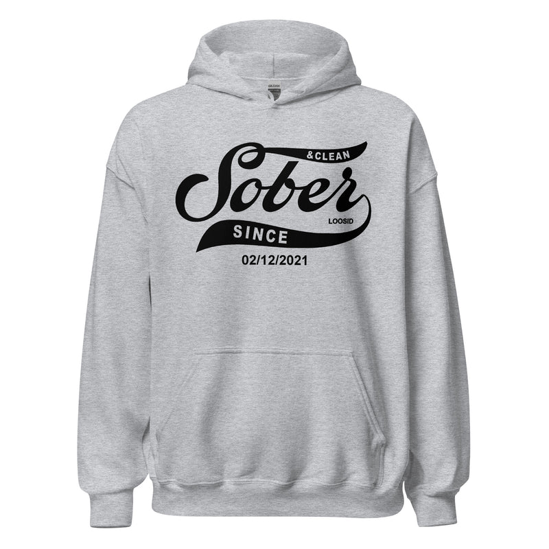 Front view of unisex recovery hoodie with Sober Since design