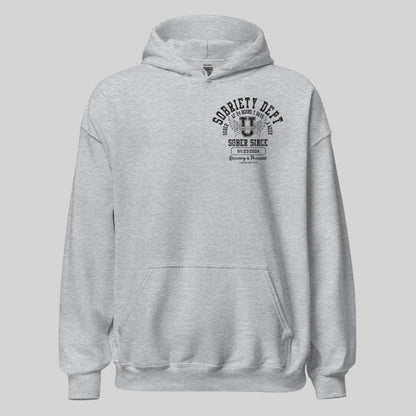 Sobriety Dept Recovery Hoodie flat lay styled image (view 13)