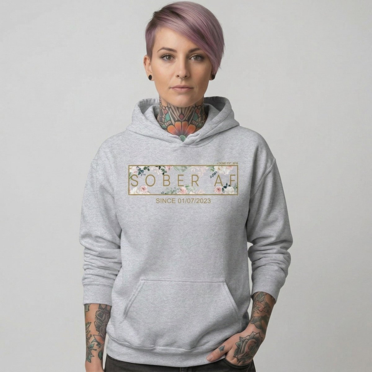 Recovery Hoodie | Women's Sober AF Flower Hoodie with Custom Date