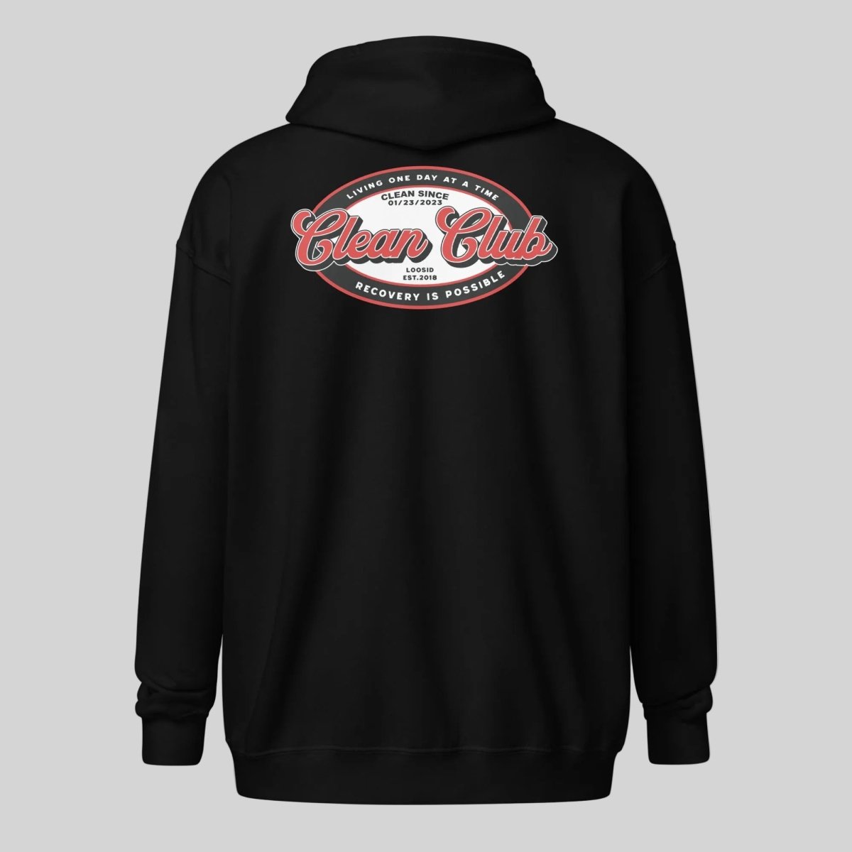 Clean Club Badge Left Chest Print Unisex Zip Recovery Hoodie lifestyle view (view 5)