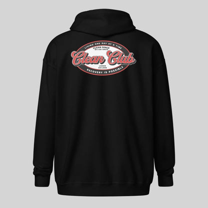 Clean Club Badge Left Chest Print Unisex Zip Recovery Hoodie lifestyle view (view 5)