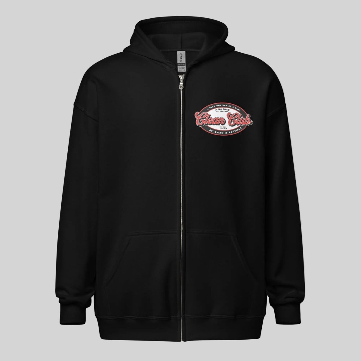 Clean Club Badge Unisex Zip Recovery Hoodie flat lay styled image (view 3)