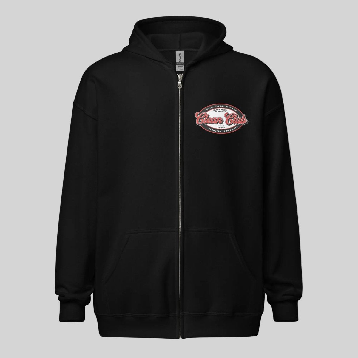 Clean Club Badge Left Chest Print Unisex Zip Recovery Hoodie flat lay styled image (view 3)