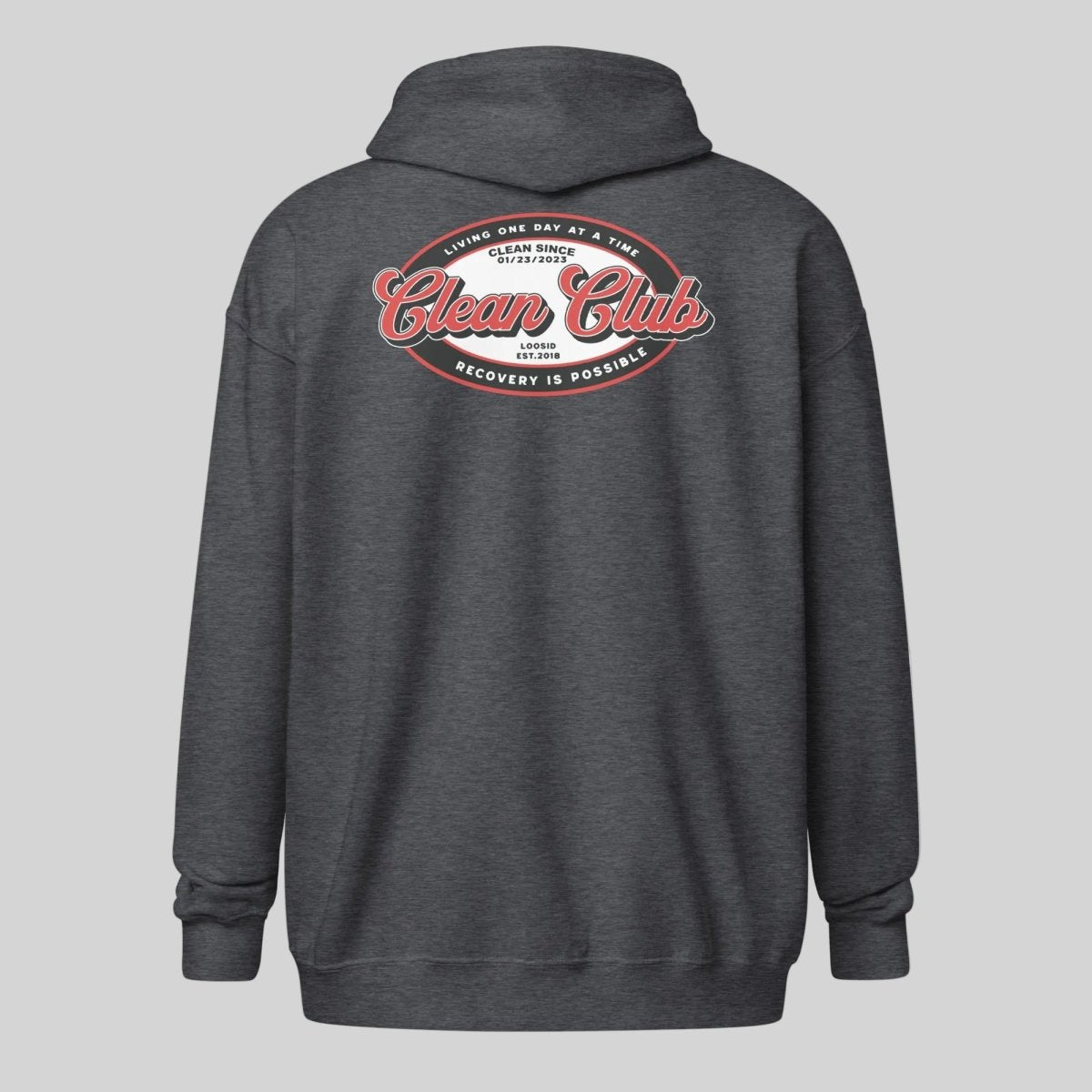 Clean Club Badge Left Chest Print Unisex Zip Recovery Hoodie fit detail (view 9)