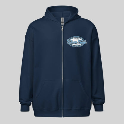 Clean Club Badge Left Chest Print Unisex Zip Recovery Hoodie fit detail (view 19)