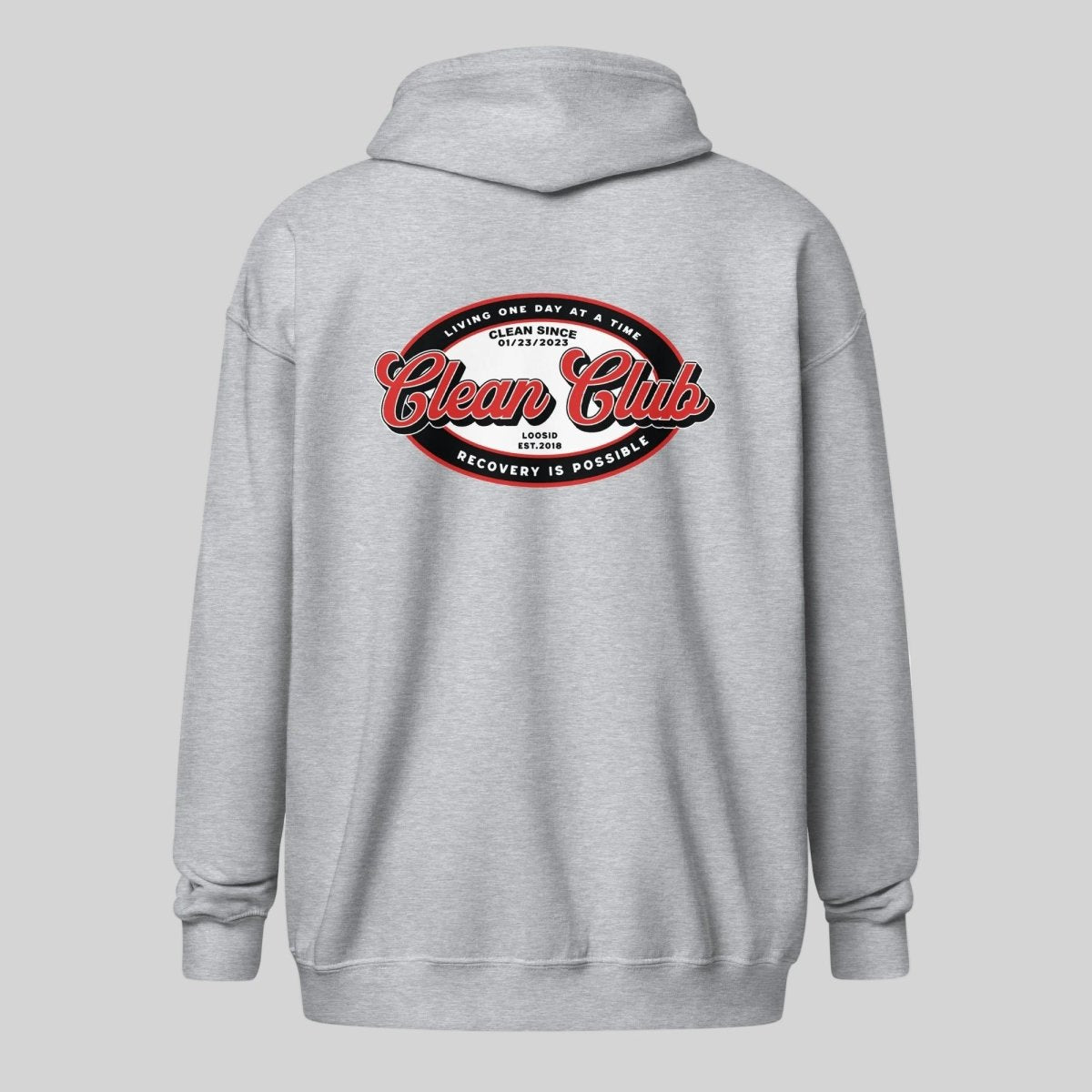 Clean Club Badge Unisex Zip Recovery Hoodie flat lay styled image (view 13)