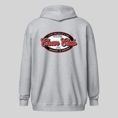 Clean Club Badge Unisex Zip Recovery Hoodie flat lay styled image (view 13)