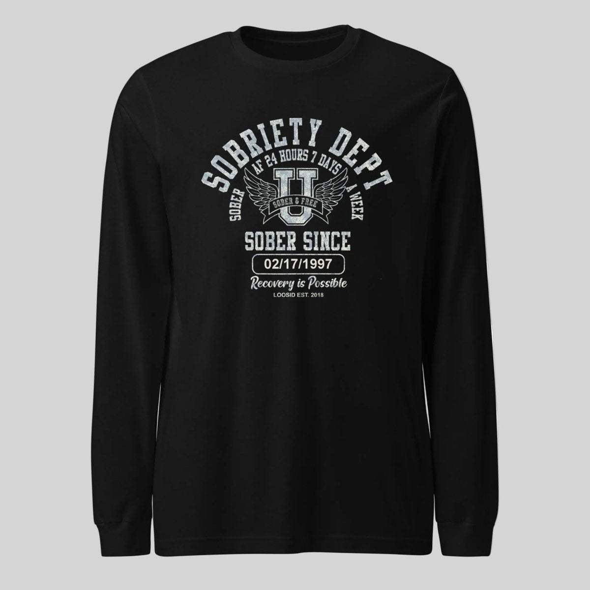 Sobriety Dept 24 7 Long Sleeve Sober T Shirt flat lay styled image (view 3)